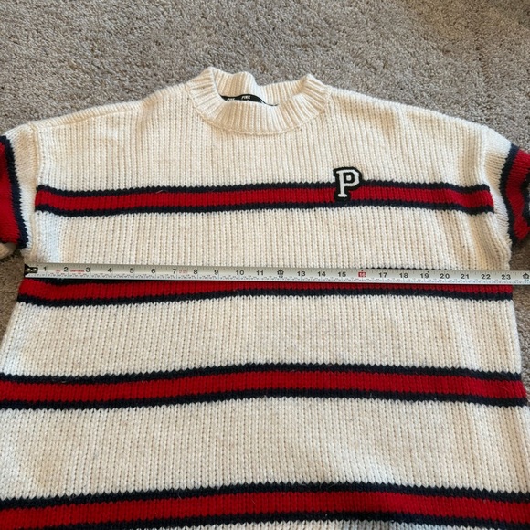 Pink Victoria’s Secret Stripe Cream Crewneck Letterman Sweater Size Large - Picture 7 of 10